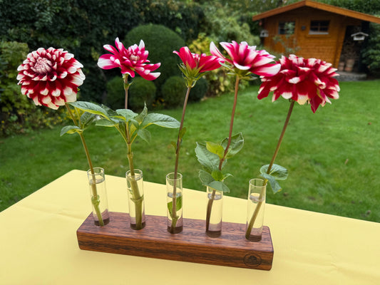 Blumenvase mit Reagenzgläsern in Merbau