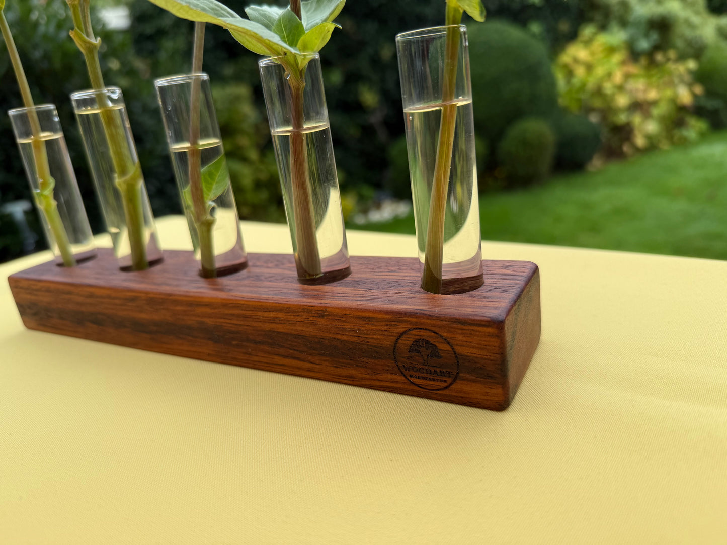Blumenvase mit Reagenzgläsern in Merbau