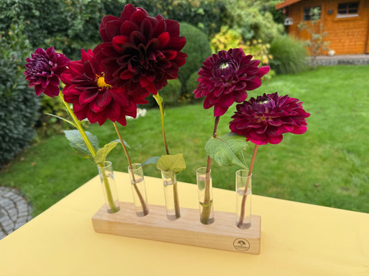 Blumenvase mit Reagenzgläsern in Ahorn