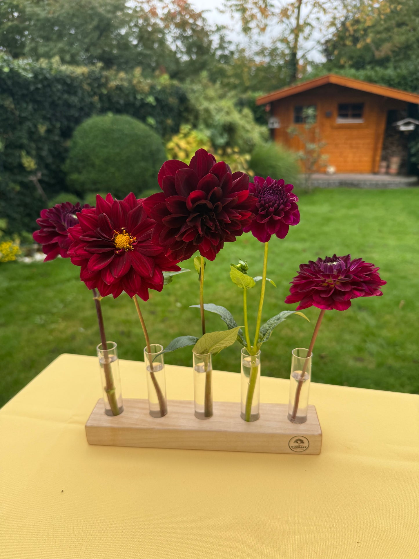 Blumenvase mit Reagenzgläsern in Buche