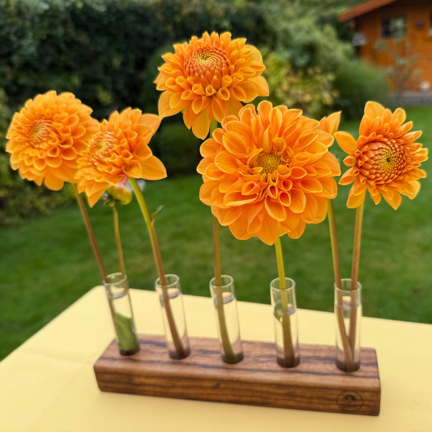 Blumenvase aus Zebrano-Holz mit fünf Reagenzgläsern – handgefertigt von WoodArt Manufaktur