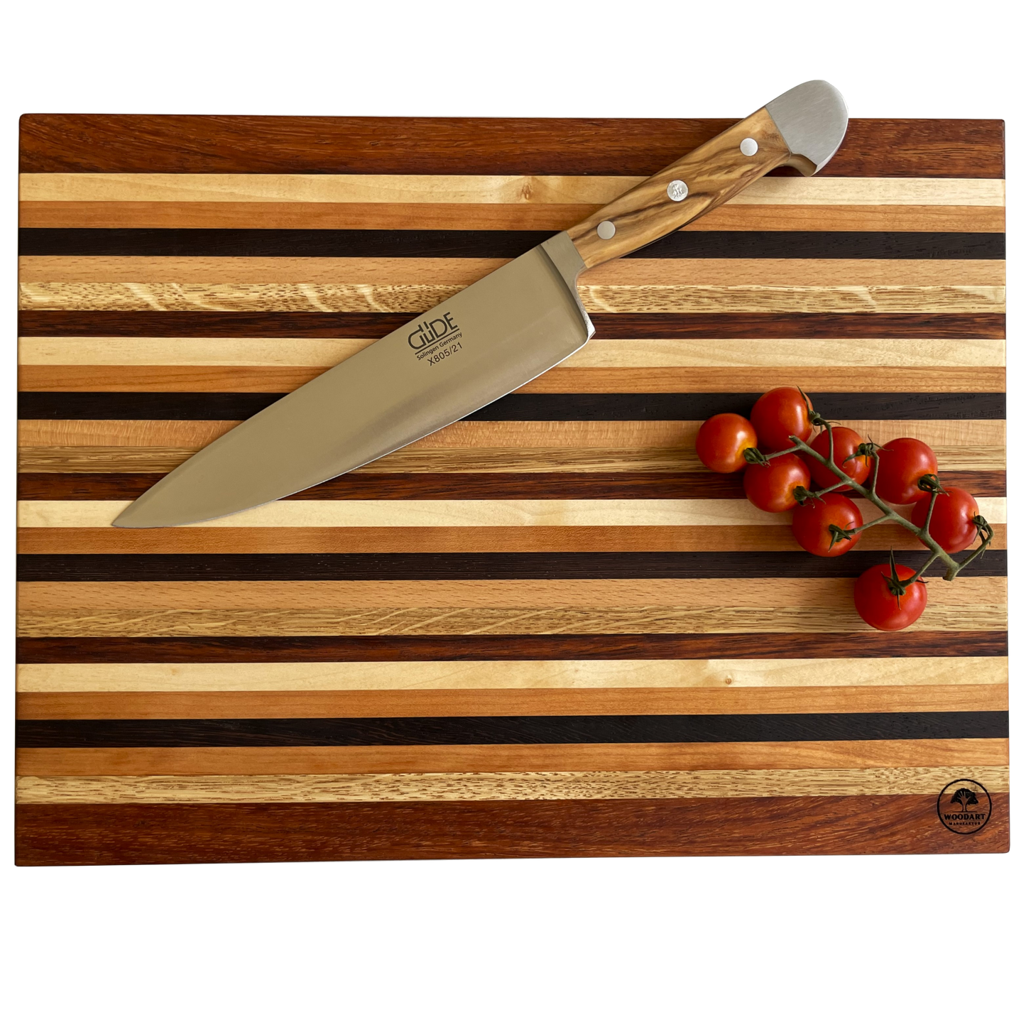 Handgefertigtes Schneidebrett aus Merbau, Wenge, Eiche, Ahorn, Rosenholz und Buche  – gefertigt von WoodArt Manufaktur